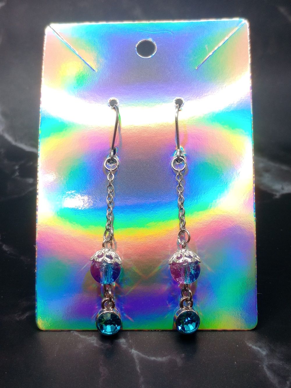  Long Blue and Pink Cracked Glass Bead Dangle Earrings with ...