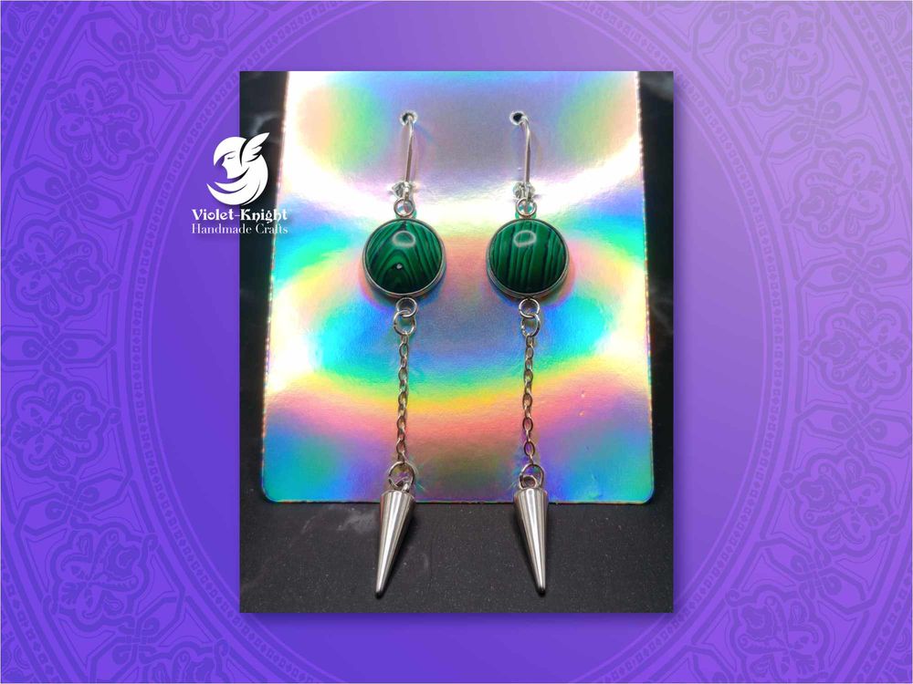  Malachite Gemstone Cabochon Spike Dangle Earrings with Ster...