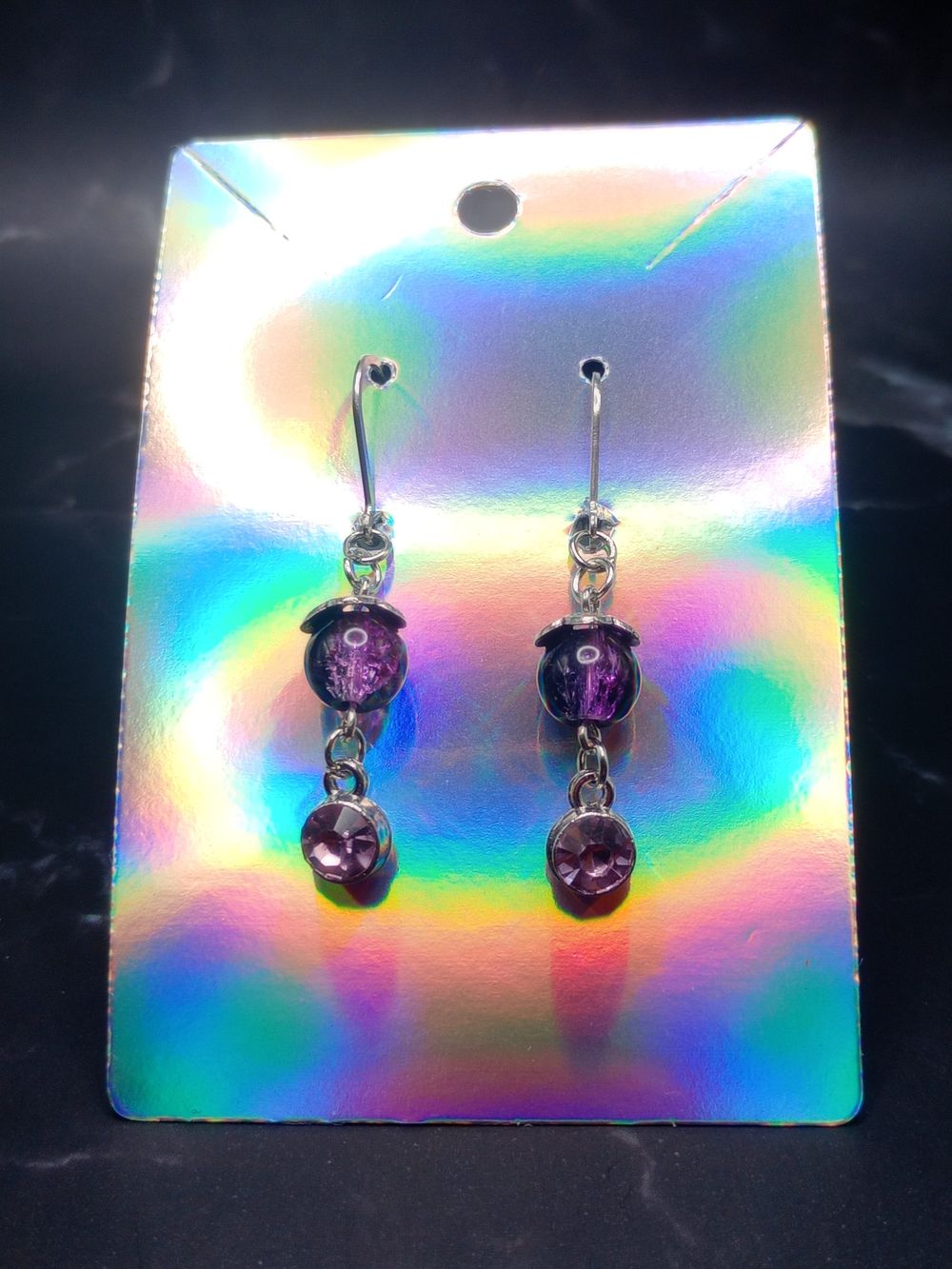  Purple and Black Cracked Glass Bead Dangle Earrings with Li...
