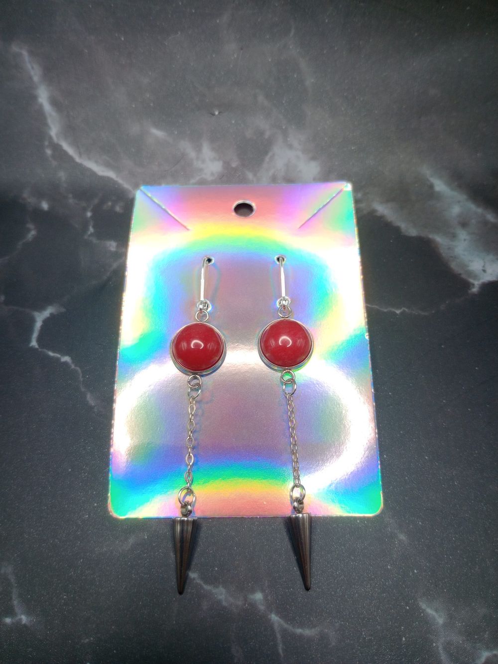  Marbled Red Gemstone Cabochon Spike Dangle Earrings with St...