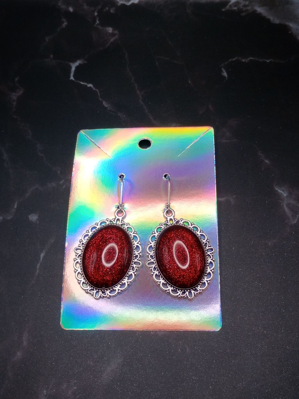  Vintage Style Ruby Red Glitter Pendant Earrings 