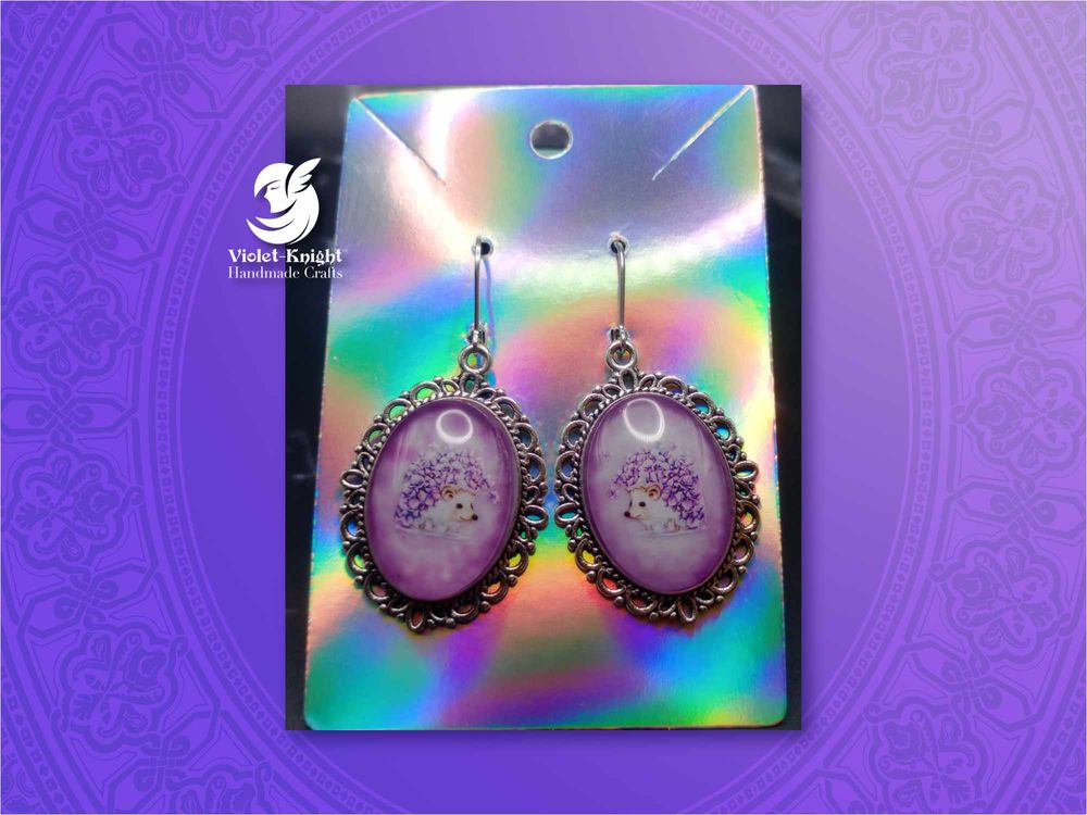  Vintage Style Purple Floral Hedgehog Pendant Earrings 