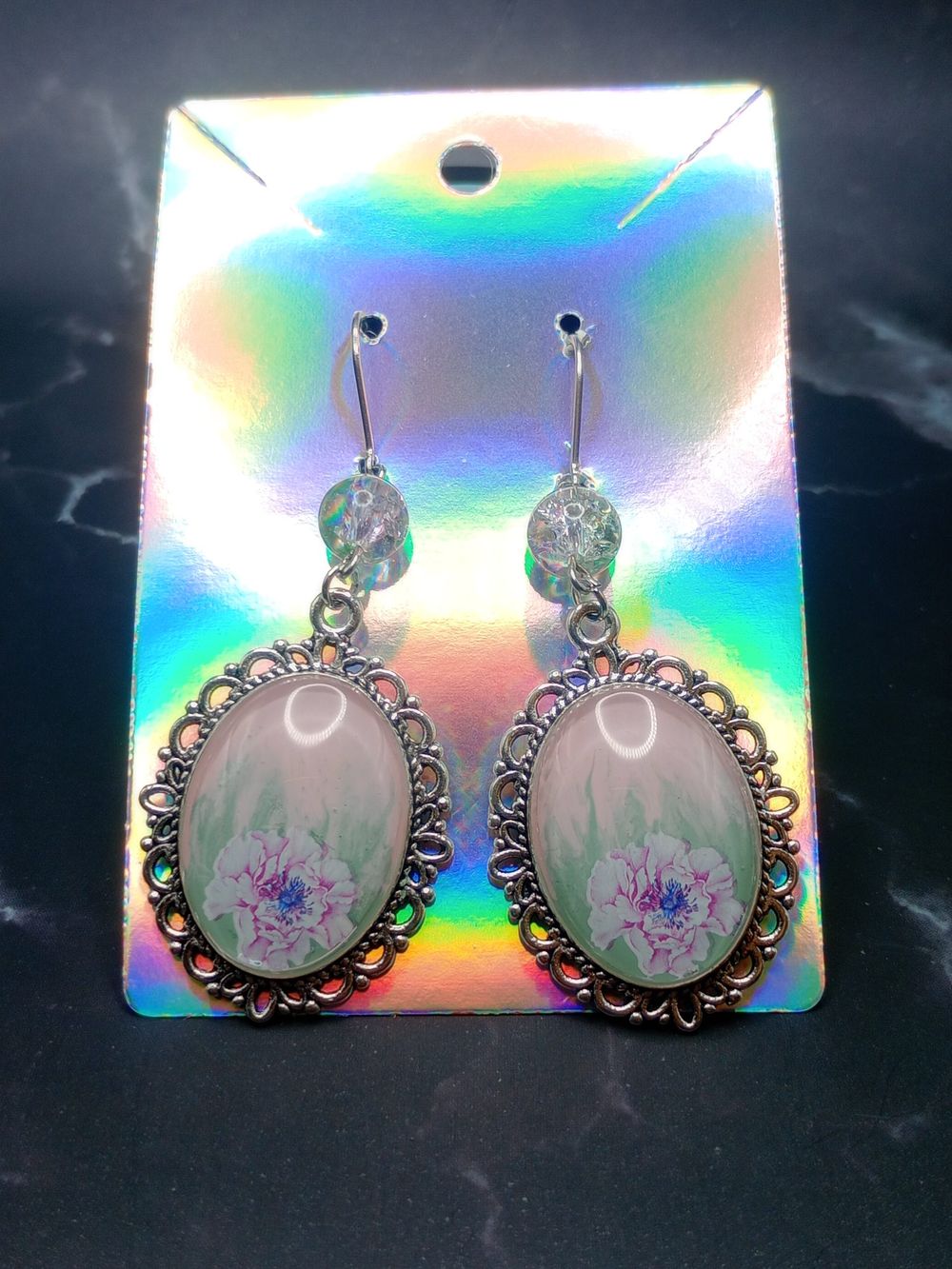  Vintage Style Pink Floral Pendant Earrings with Glass Accen...