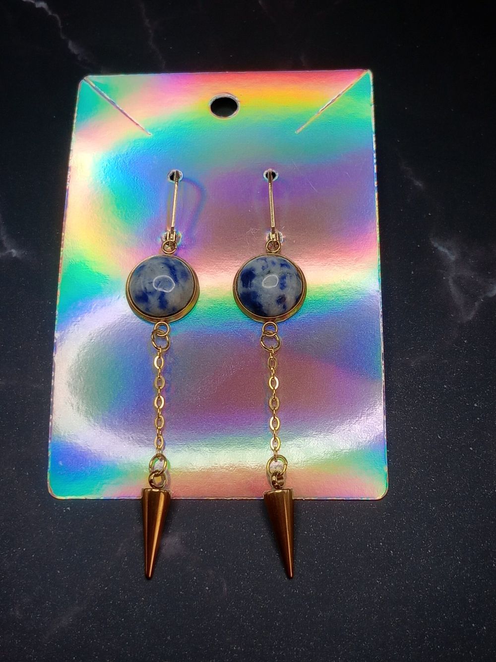  Blue and White Gemstone Cabochon Spike Dangle Earrings with...