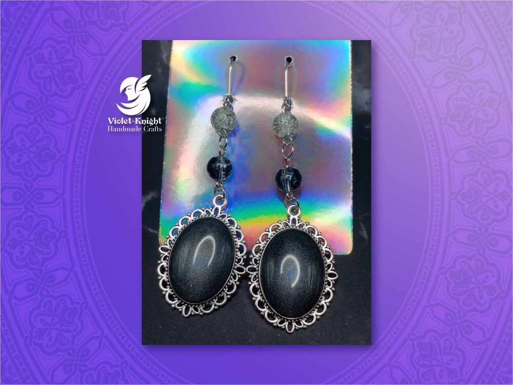  Vintage Style Black Holographic Glitter Pendant Earrings wi...