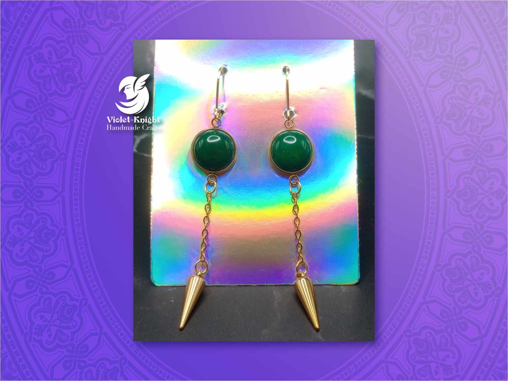  Dark Green Gemstone Cabochon Spike Dangle Earrings with Gol...