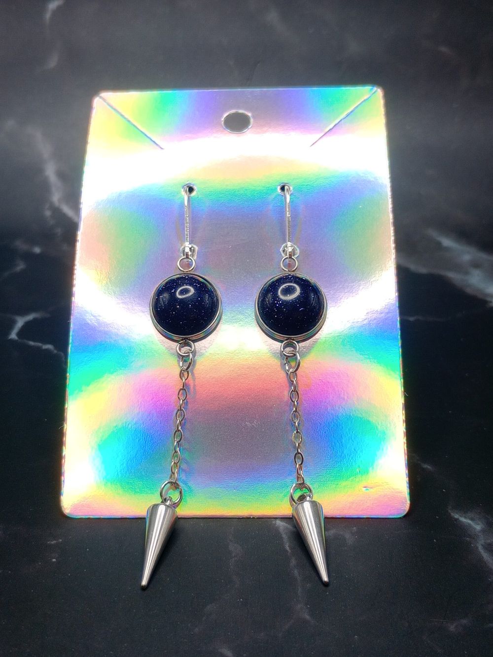  Blue Goldstone Crystal Gemstone Cabochon Spike Dangle Earri...