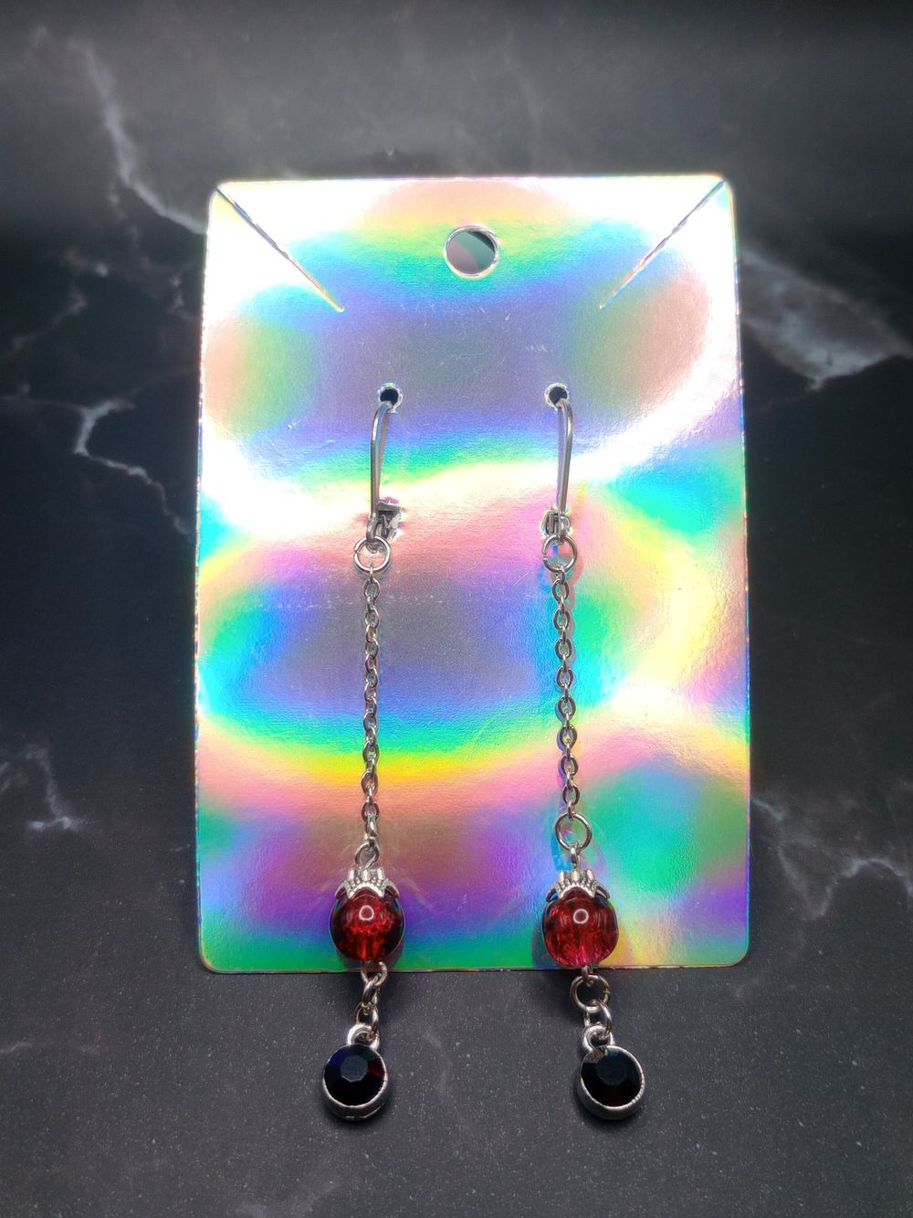 Long Red and Black Cracked Glass Bead Dangle Earrings with ...