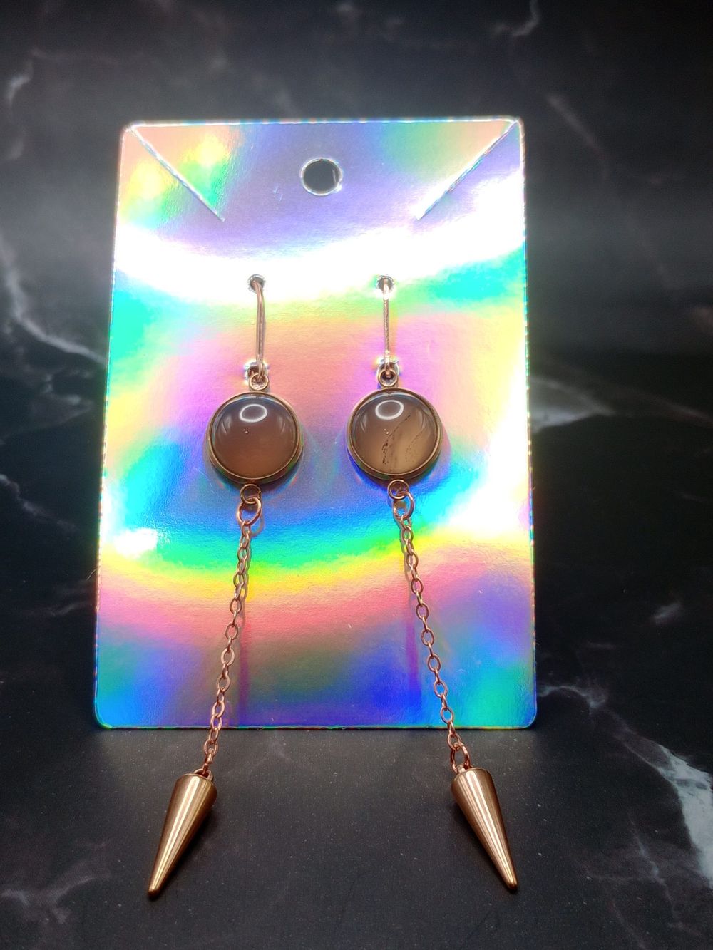  Smoky Quartz Gemstone Cabochon Spike Dangle Earrings with R...