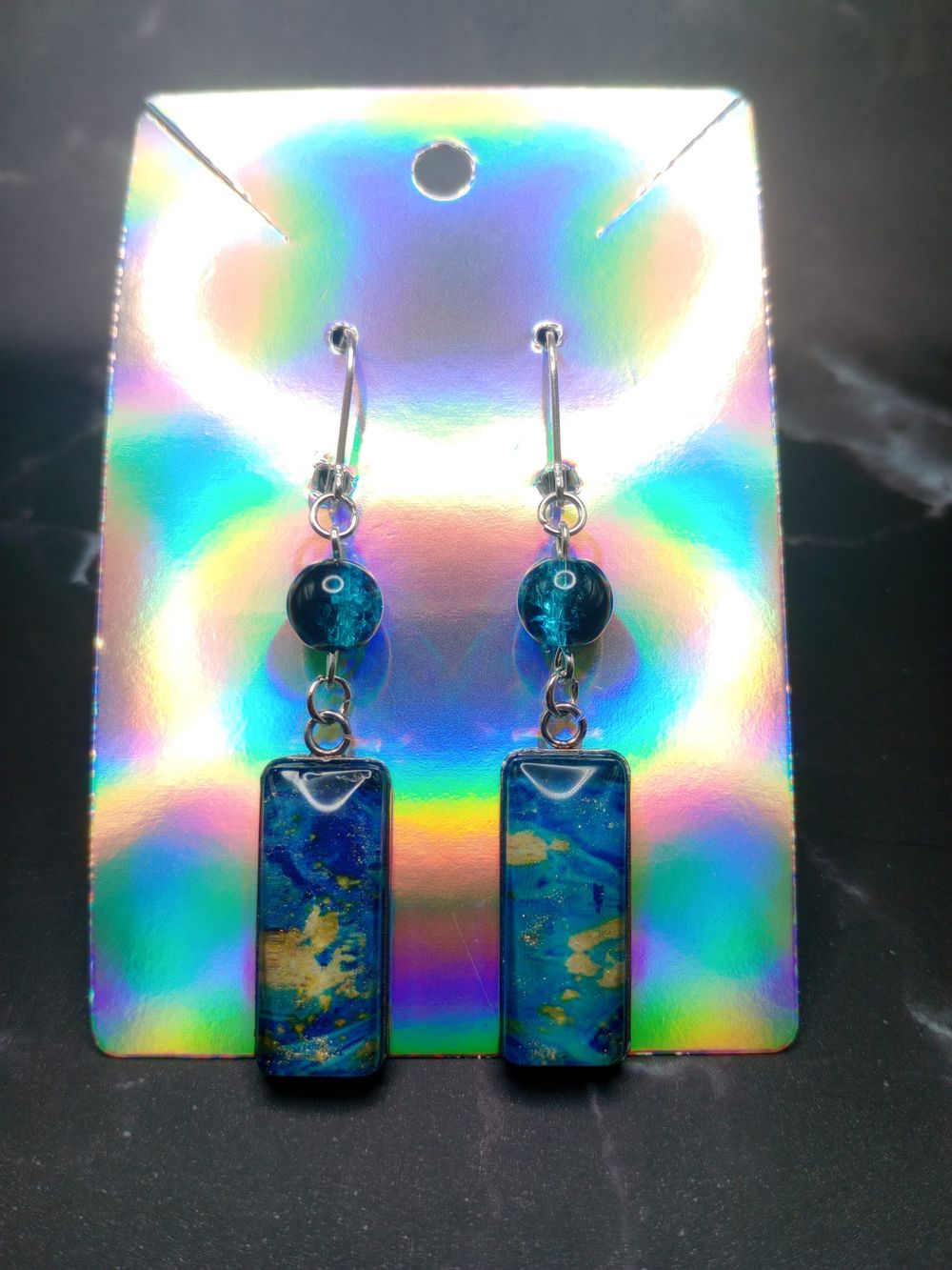  Blue and Gold Marbled Rectangle Dangle Earrings with Cracke...