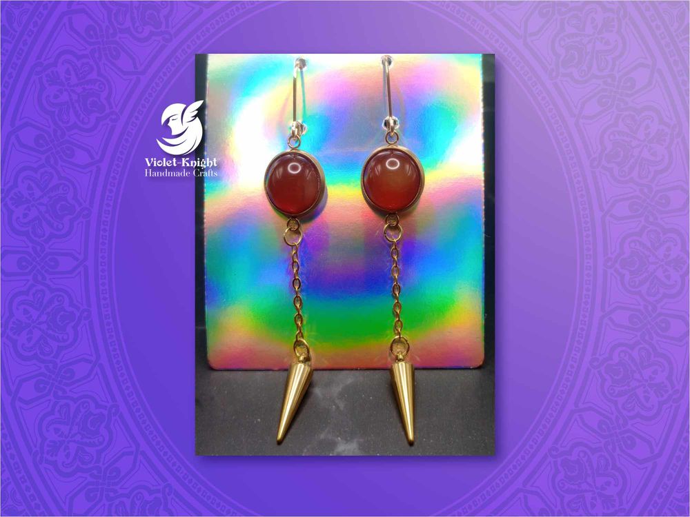  Amber Gemstone Cabochon Spike Dangle Earrings with Gold Cha...