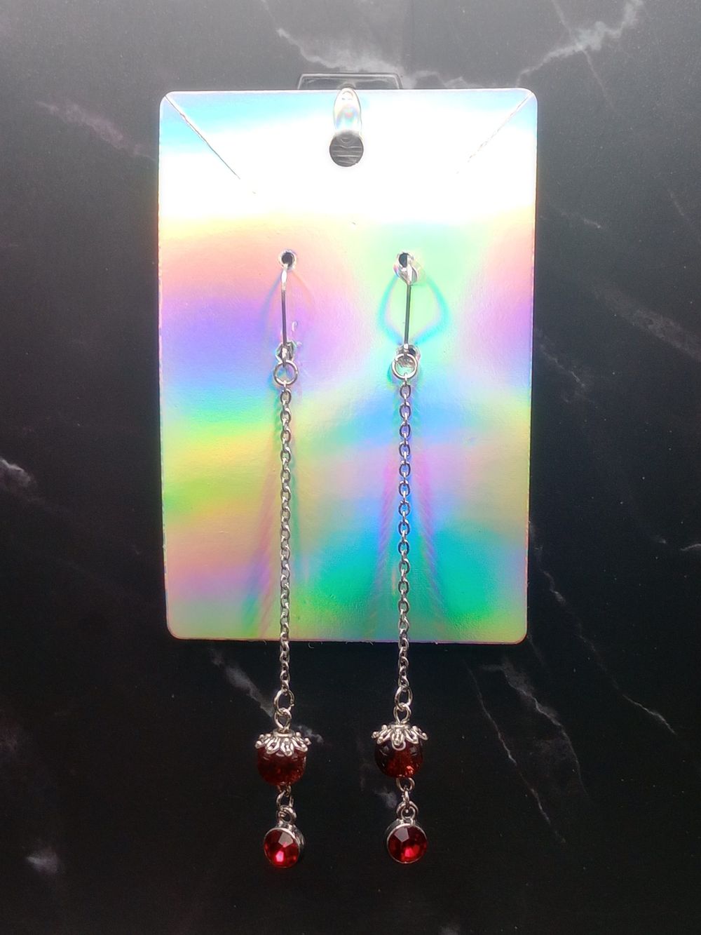  Long Red and Clear Cracked Glass Bead Dangle Earrings with ...