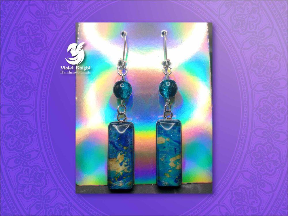  Blue and Gold Marbled Rectangle Dangle Earrings with Cracke...