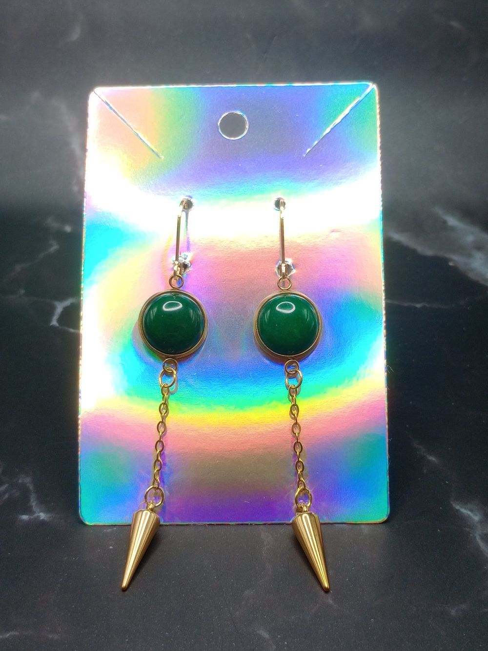  Dark Green Gemstone Cabochon Spike Dangle Earrings with Gol...