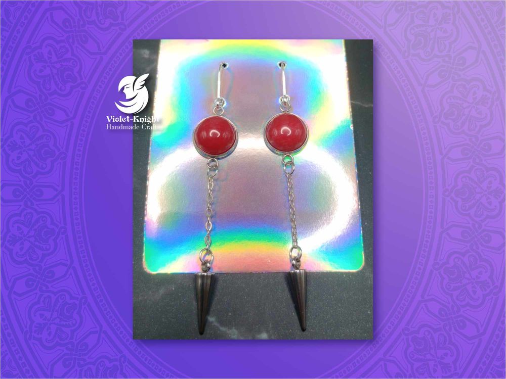  Marbled Red Gemstone Cabochon Spike Dangle Earrings with St...